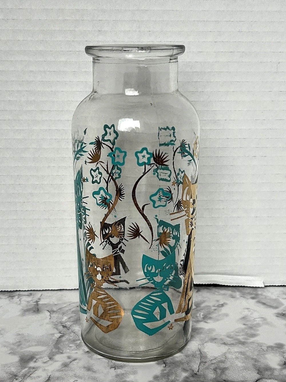 Vintage Apothecary George’s Briard Cat & Floral Glass Vase in Clear & Blue